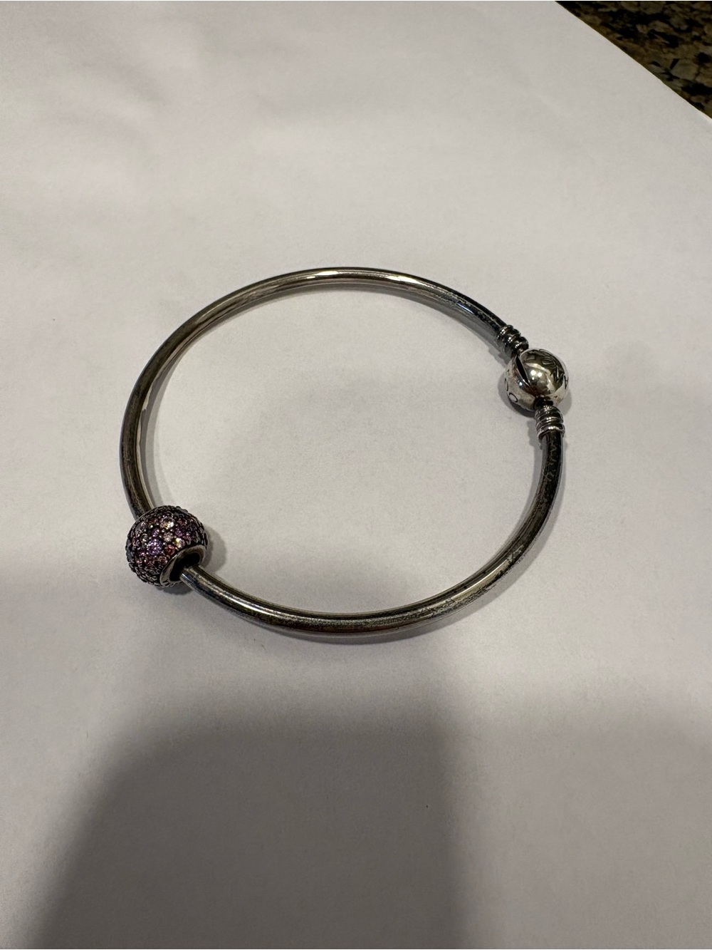 Pandora Silver Bangle with Purple Pave Charm